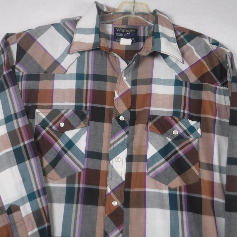 Wrangler Cowboy Cut Western Shirt Mens 17-35 Plaid Pearl Snap X-Long Tails Brown